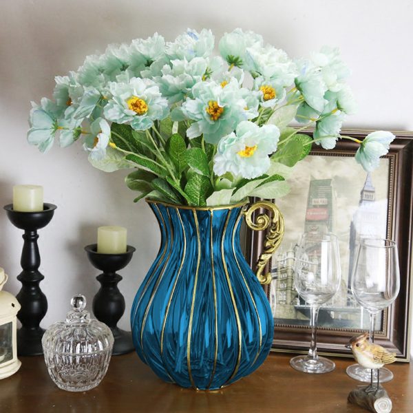 Blue European Colored Glass Home Decor Jar Flower Vase with Metal Handle