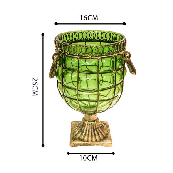 Green Colored European Glass Jar Flower Vase Solid Base with Metal Handle