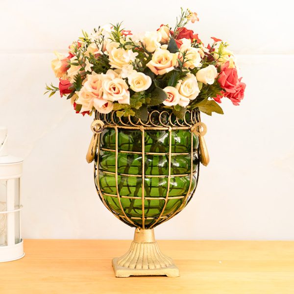 Green Colored European Glass Jar Flower Vase Solid Base with Metal Handle