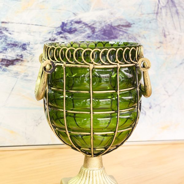 Green Colored European Glass Jar Flower Vase Solid Base with Metal Handle