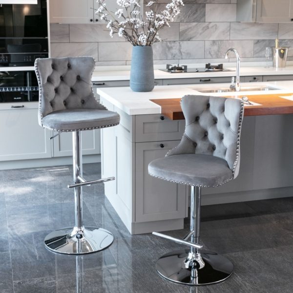 2x Height Adjustable Swivel Bar Stool Velvet Studs Barstool with Footrest and Chromed Base