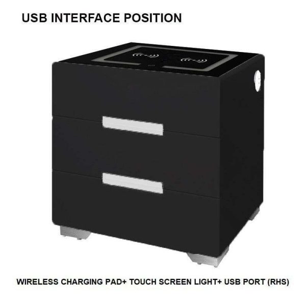 Wembley Smart Bedside Tables Side 3 Drawers Wireless Charging USB Nightstand LED Light AU Black