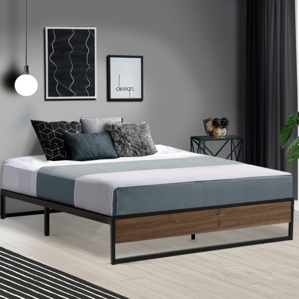 Metal Bed Frame Mattress Base Foundation Wooden Black OSLO