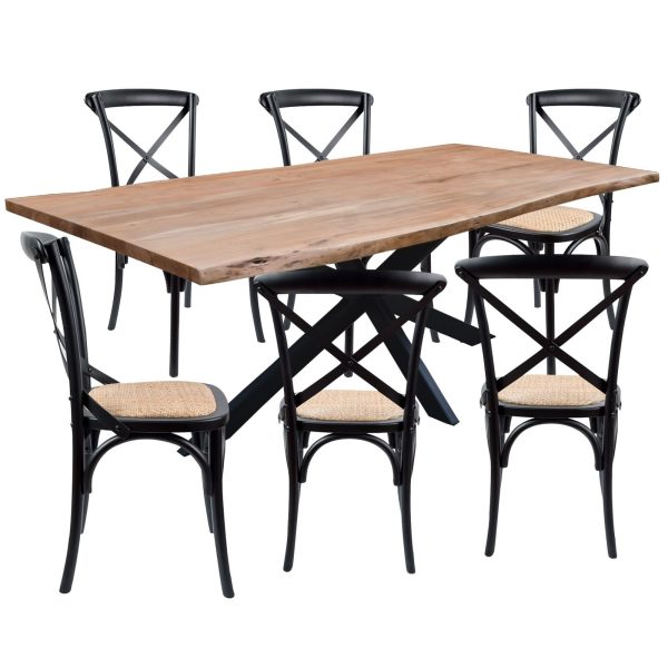 Lantana 7pc Dining Table 6 Black Chair Set Live Edge Acacia Wood