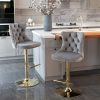 2x Height Adjustable Swivel Bar Stool Velvet Studs Barstool with Footrest and Golden Base