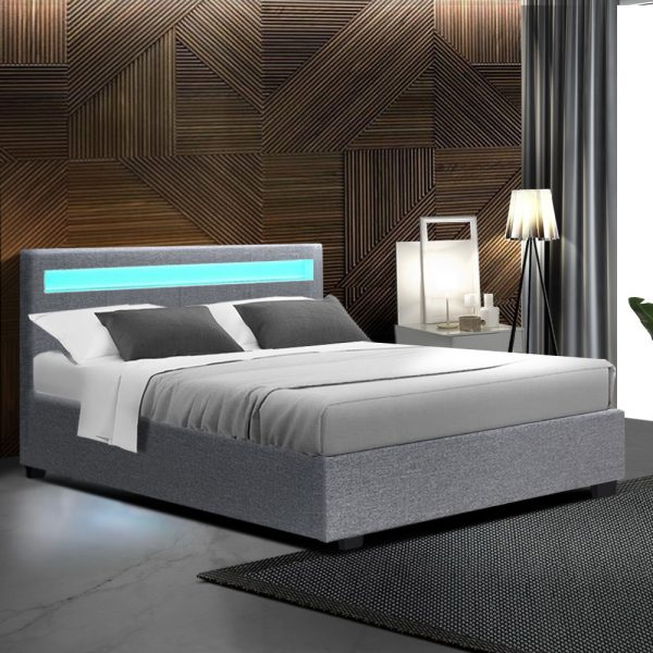 Washpool LED Bed Frame PU Leather Gas Lift Storage