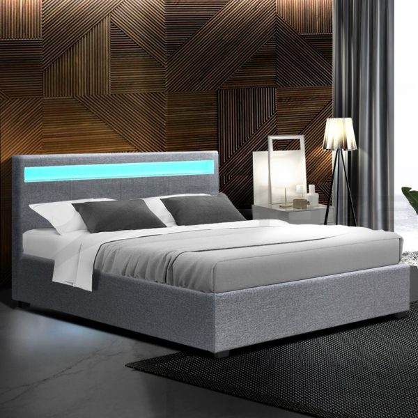 Washpool LED Bed Frame PU Leather Gas Lift Storage