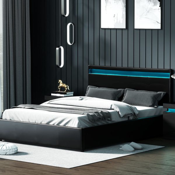 Washpool LED Bed Frame PU Leather Gas Lift Storage