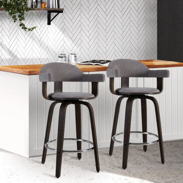 Set of 2 Bar Stools PU Leather Wooden Swivel – Wood, Chrome