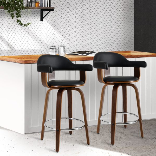 Set of 2 Bar Stools PU Leather Wooden Swivel – Wood, Chrome