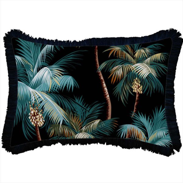 Cushion Cover-Coastal Fringe Black-Palm Trees Black