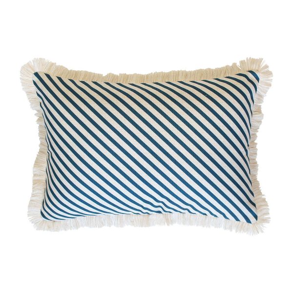 Cushion Cover-Coastal Fringe Natural-Side Stripe Teal