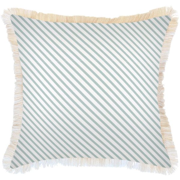 Cushion Cover-Coastal Fringe Natural-Side Stripe Seafoam