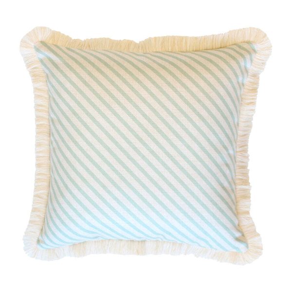 Cushion Cover-Coastal Fringe Natural-Side Stripe Seafoam