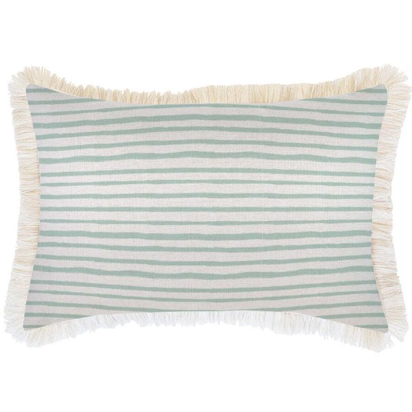 Cushion Cover-Coastal Fringe-Paint Stripes Pale Mint