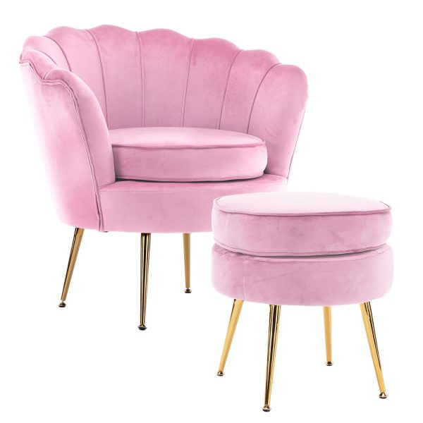 La Bella Shell Scallop Armchair Accent Chair Velvet + Round Ottoman Footstool
