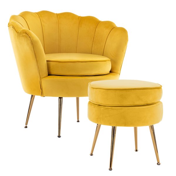 La Bella Shell Scallop Armchair Accent Chair Velvet + Round Ottoman Footstool