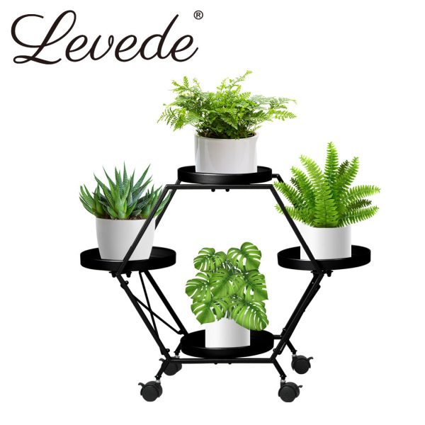 Plant Stand Metal Outdoor Indoor Garden Decor Flower Pot Rack Iron Wheels
