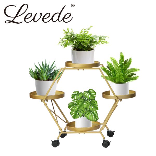 Plant Stand Metal Outdoor Indoor Garden Decor Flower Pot Rack Iron Wheels
