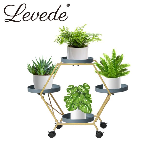 Plant Stand Metal Outdoor Indoor Garden Decor Flower Pot Rack Iron Wheels