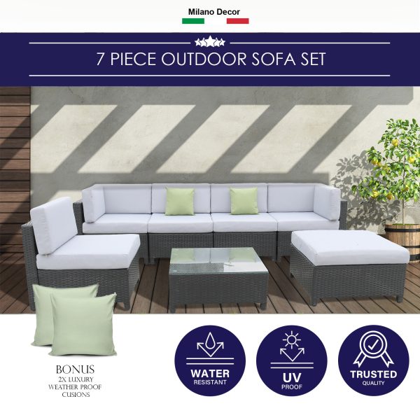 Milano Outdoor 7 Piece Rattan Sofa Set – Black Coating & Grey Seats