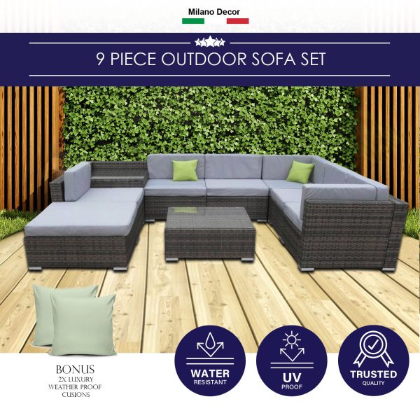 Milano Outdoor 9 Piece Rattan Sofa Set – Black Coating & Grey Seats