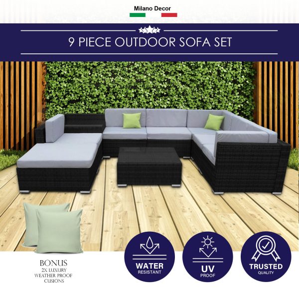 Milano Outdoor 9 Piece Rattan Sofa Set – Black Coating & Grey Seats