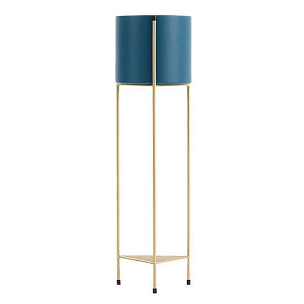 2 Layer Gold Metal Plant Stand with Blue Flower Pot Holder Corner Shelving Rack Indoor Display