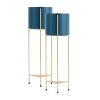 2 Layer Gold Metal Plant Stand with Blue Flower Pot Holder Corner Shelving Rack Indoor Display