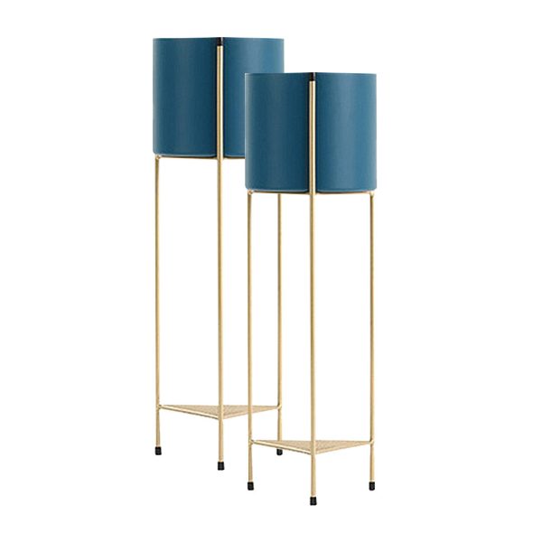 2 Layer Gold Metal Plant Stand with Blue Flower Pot Holder Corner Shelving Rack Indoor Display