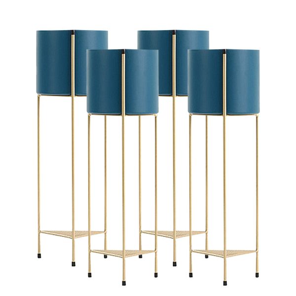 2 Layer Gold Metal Plant Stand with Blue Flower Pot Holder Corner Shelving Rack Indoor Display