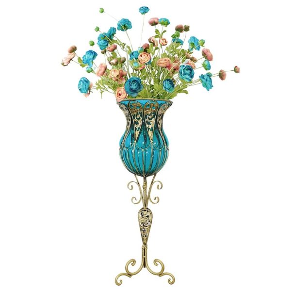 85cm Glass Tall Floor Vase and 12pcs Blue Artificial Fake Flower Set