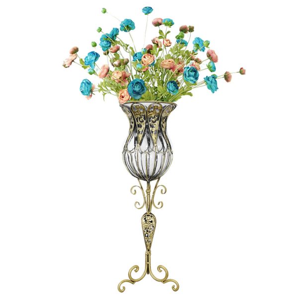 85cm Glass Tall Floor Vase and 12pcs Blue Artificial Fake Flower Set