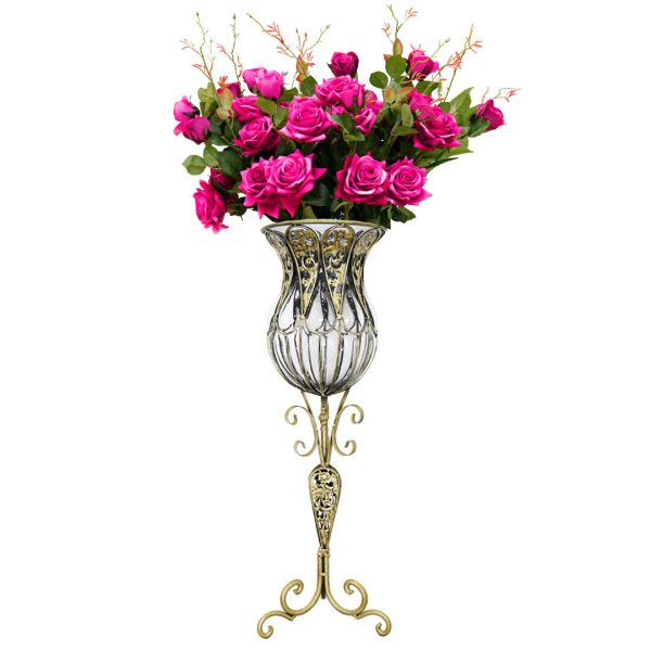 85cm Glass Tall Floor Vase and 12pcs Dark Pink Artificial Fake Flower Set