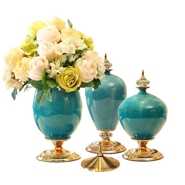 3x Ceramic Oval Flower Vase with Blue Flower Set