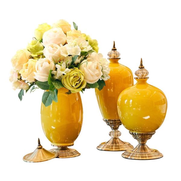 3x Ceramic Oval Flower Vase with Blue Flower Set