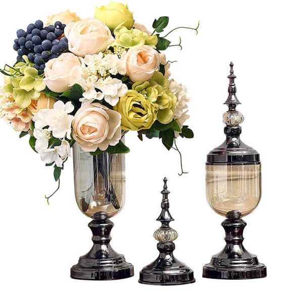 2 x Clear Glass Flower Vase with Lid and White Flower Filler Vase Set