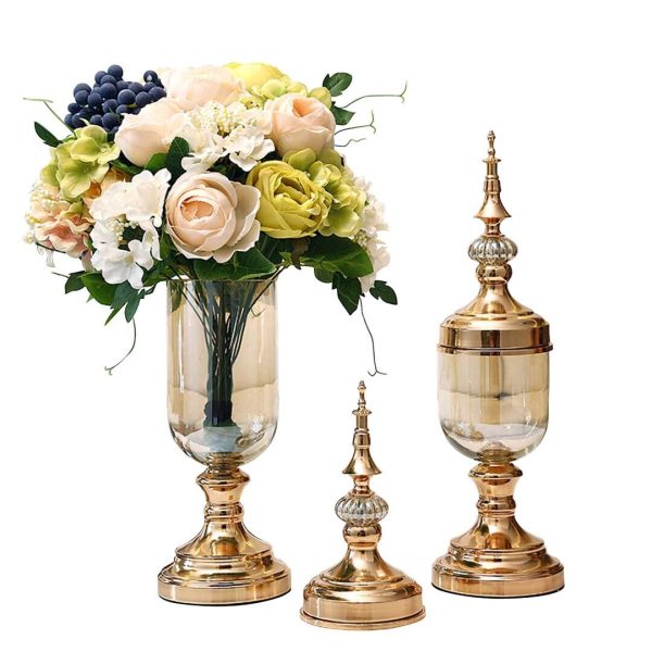 2 x Clear Glass Flower Vase with Lid and White Flower Filler Vase Set