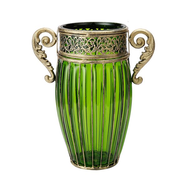 European Colored Glass Home Decor Jar Flower Vase with Two Metal Handle