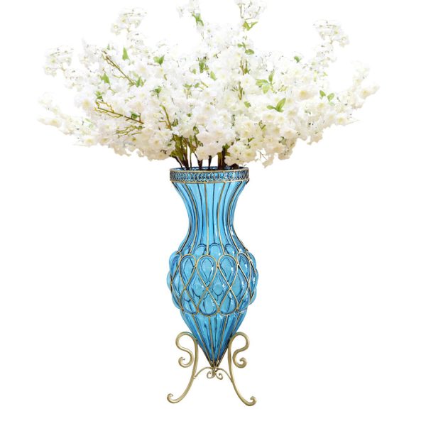 67cm Glass Tall Floor Vase with 10pcs White Artificial Fake Flower Set