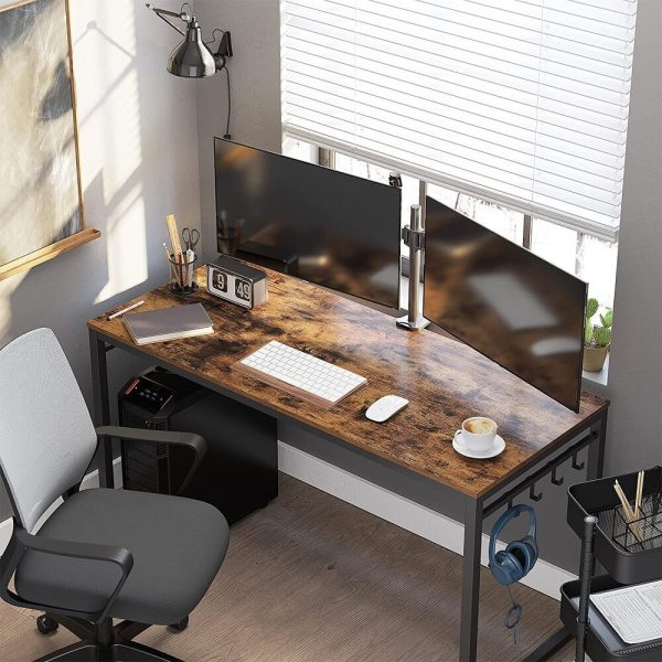 VASAGLE Computer Desk Writing Desk with 8 Hooks Rustic Brown and Black