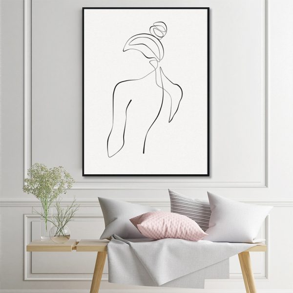 Woman Back Line Art Black Frame Canvas Wall Art