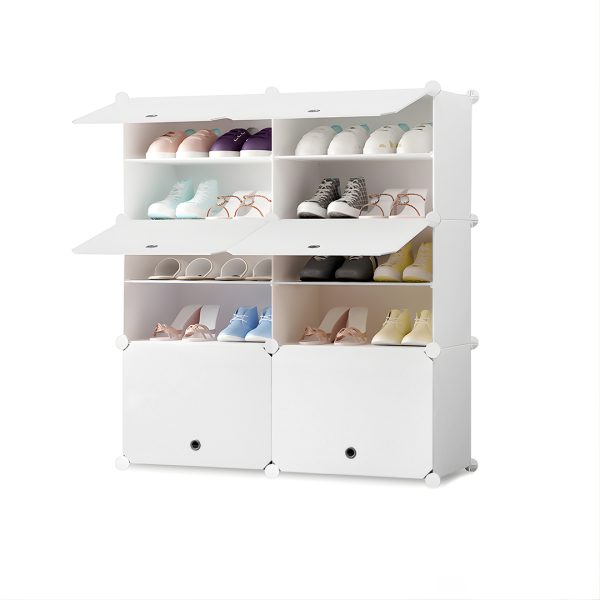 2 Column White Shoe Rack Organizer Sneaker Footwear Storage Stackable Stand Cabinet Portable Wardrobe with Cover
