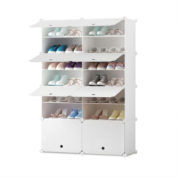 2 Column White Shoe Rack Organizer Sneaker Footwear Storage Stackable Stand Cabinet Portable Wardrobe with Cover