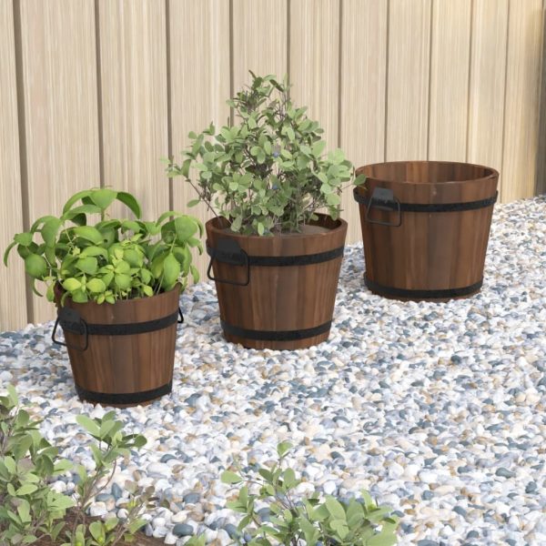 3 Piece Wooden Bucket Planter Set Solid Fir Wood