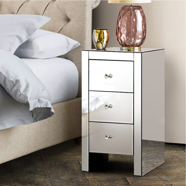 Palatine Mirrored Bedside Tables Drawers Crystal Chest Nightstand Glass – Silver