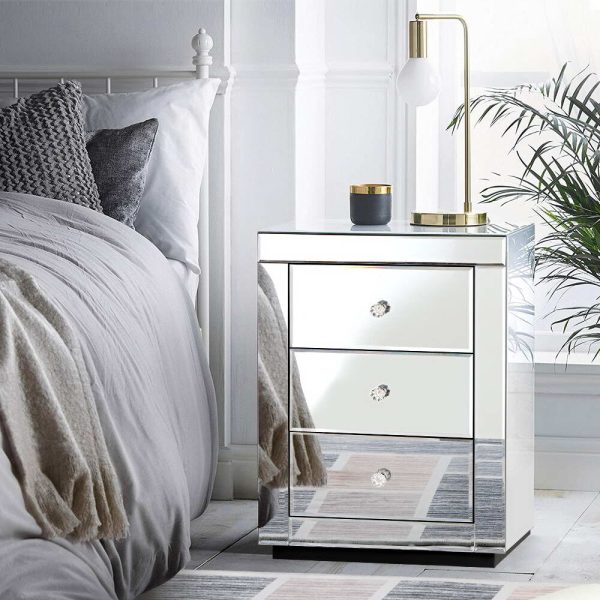 Albury Mirrored Bedside table Drawers Furniture Mirror Glass Presia – Silver, 1