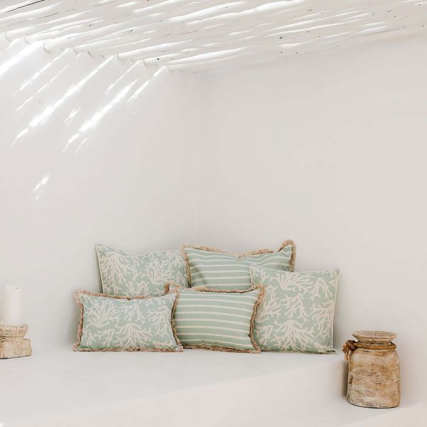 Cushion Cover-Coastal Fringe Natural-Hampton Stripe Seafoam – 45×45 cm