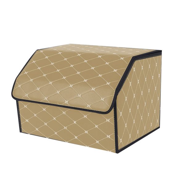Leather Car Boot Collapsible Foldable Trunk Cargo Organizer Portable Storage Box Coffee/Gold Stitch Large