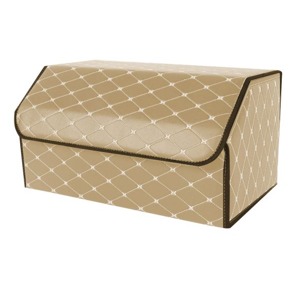 Leather Car Boot Collapsible Foldable Trunk Cargo Organizer Portable Storage Box Coffee/Gold Stitch Large